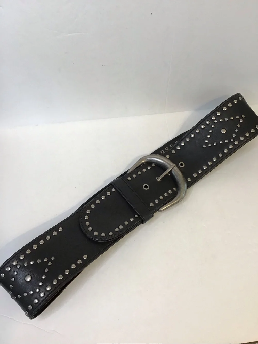 Boho Women's Black Studded Faux Leather 3 Inch Wide Belt with Silver Buckle L